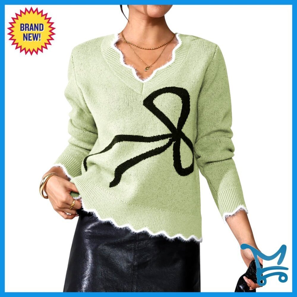 V-Neck Pullover Sweater Chic Bow Knitted Casual Elegant Y2K Oversized